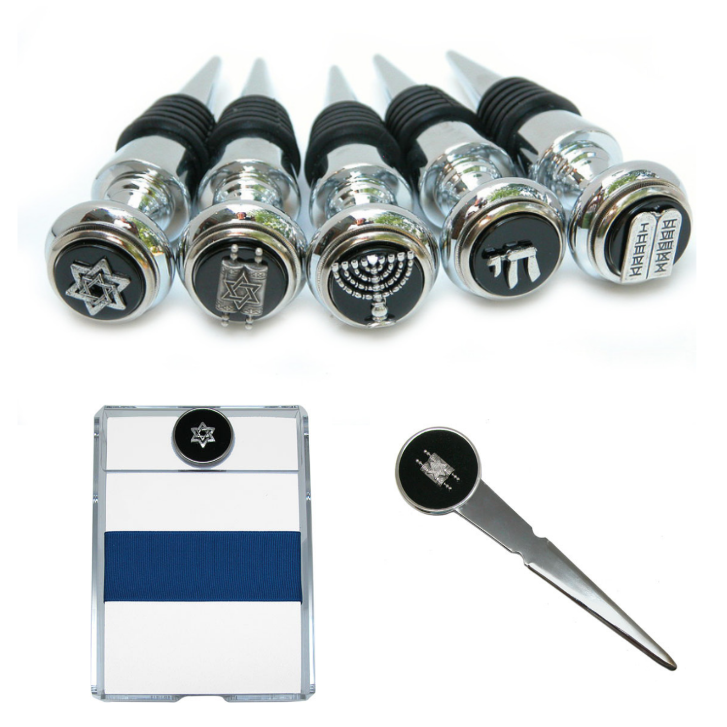 Hanukkah theme gifts by Classic Legacy include wine bottle stoppers, notepads, letter openers, jewelry, and home decor.