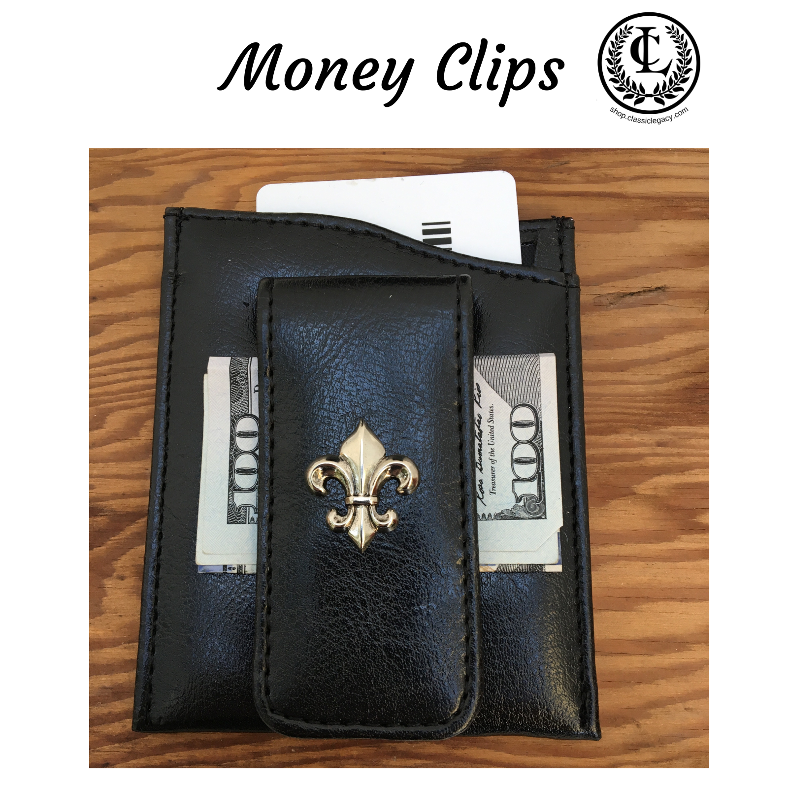 Money Clips by Classic Legacy are black faux leather and feature a pocket for credit cards and a clip for cash. Each is embellished with a silver medallion.
