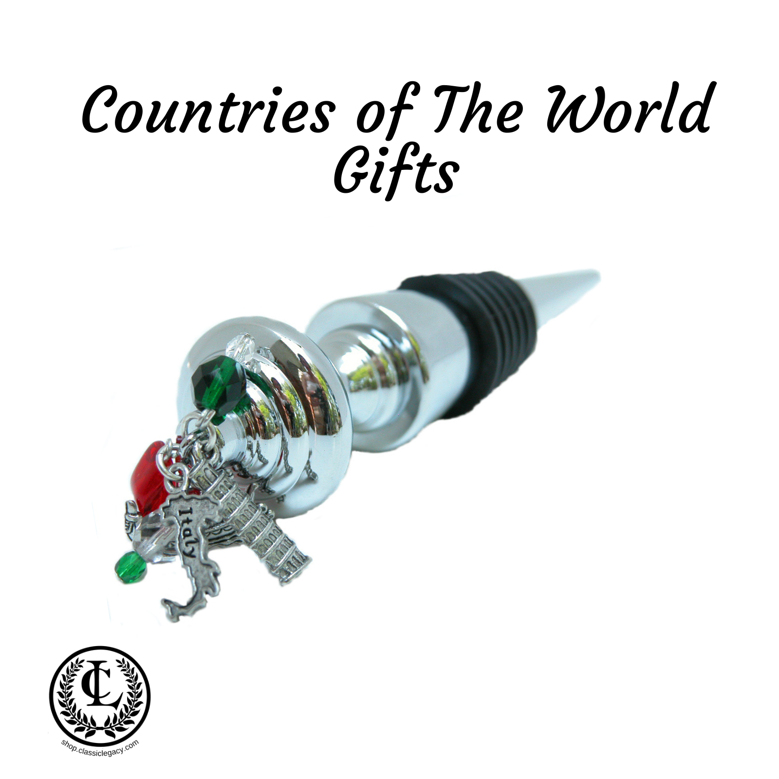 Countries of the world bottle stoppers feature charms and beads representative of that country.