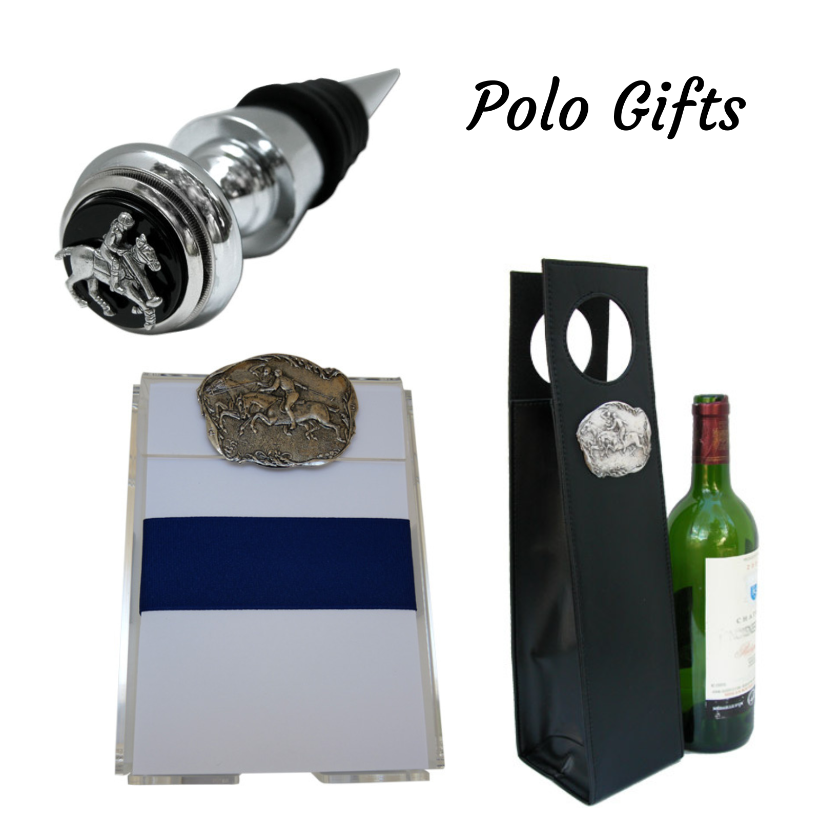 Polo theme gifts by Classic Legacy include wine bottle stoppers, notepads, wine carriers, jewelry, and home decor.