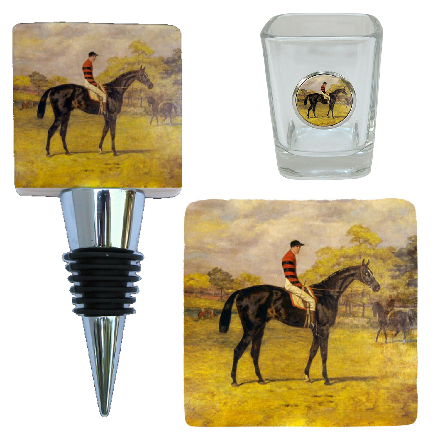 Vintage racehorse art theme gifts include wine bottle stoppers, coasters, glassware, and home decor.