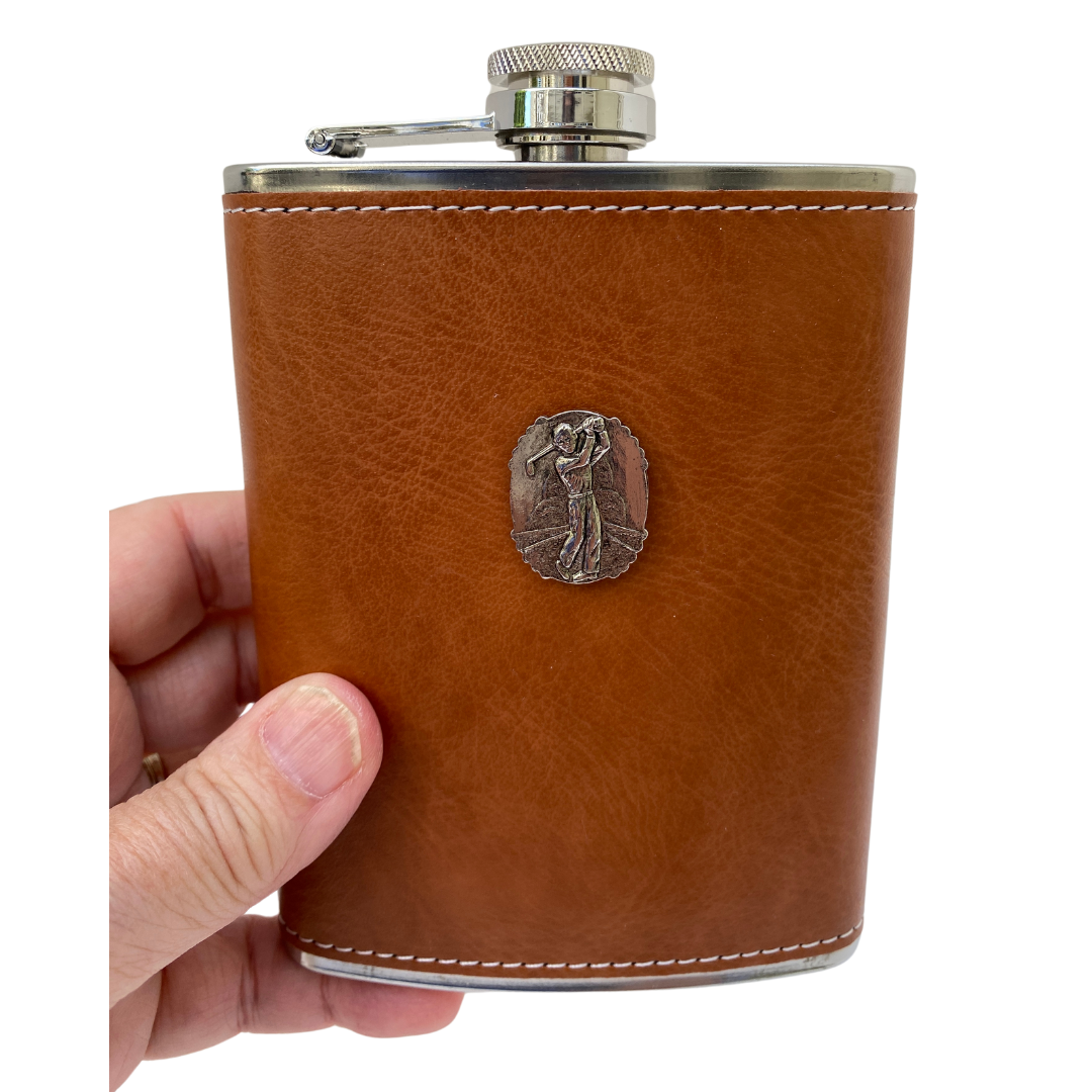 Leather Flask, Silver Golf Medallion