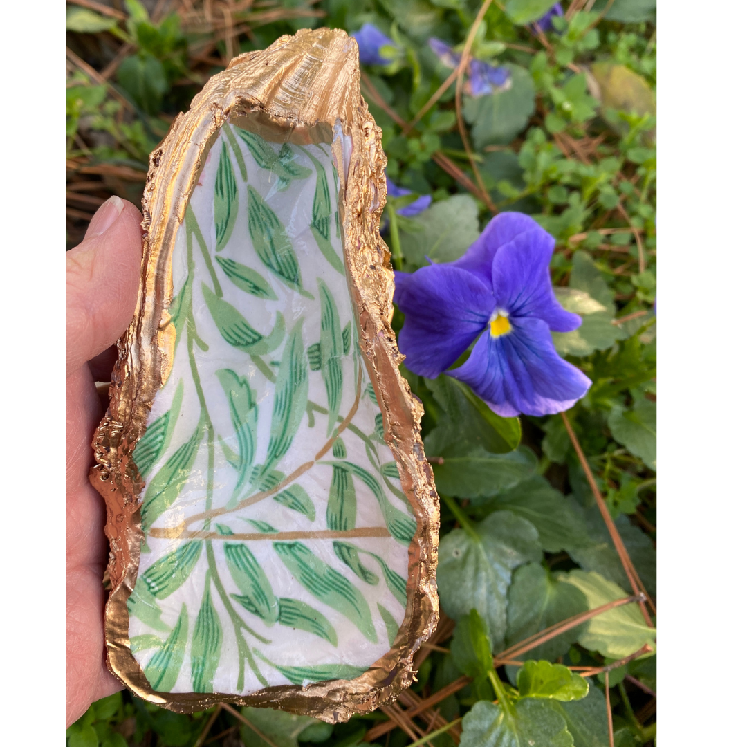 Oyster Shell Art, Vintage William Morris Design Slender Green Leaves | Handcrafted Home Decor