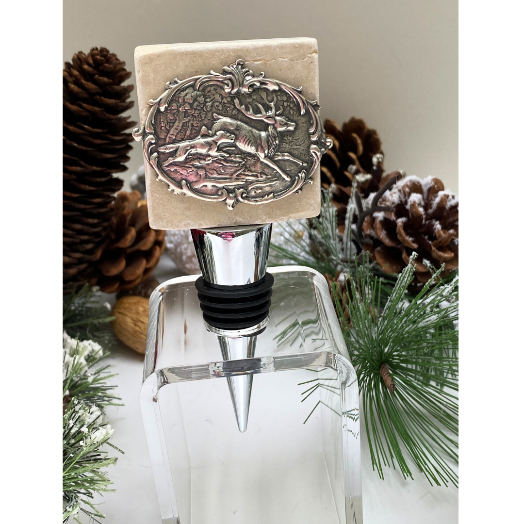 Deer Stag Marble Wine Bottle Stopper with Deer & Hound