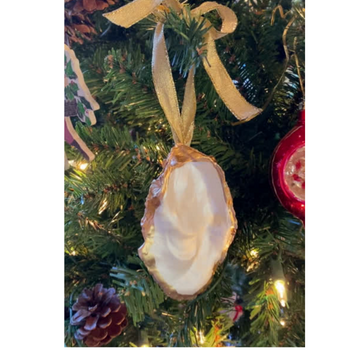 Oyster Shell Christmas Ornament White and Gold with Gold Ribbon