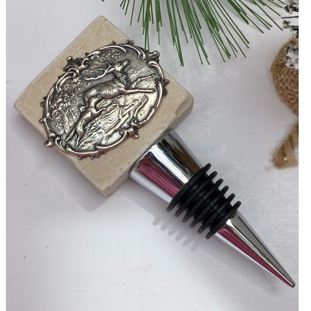 Deer Stag Marble Wine Bottle Stopper with Deer & Hound