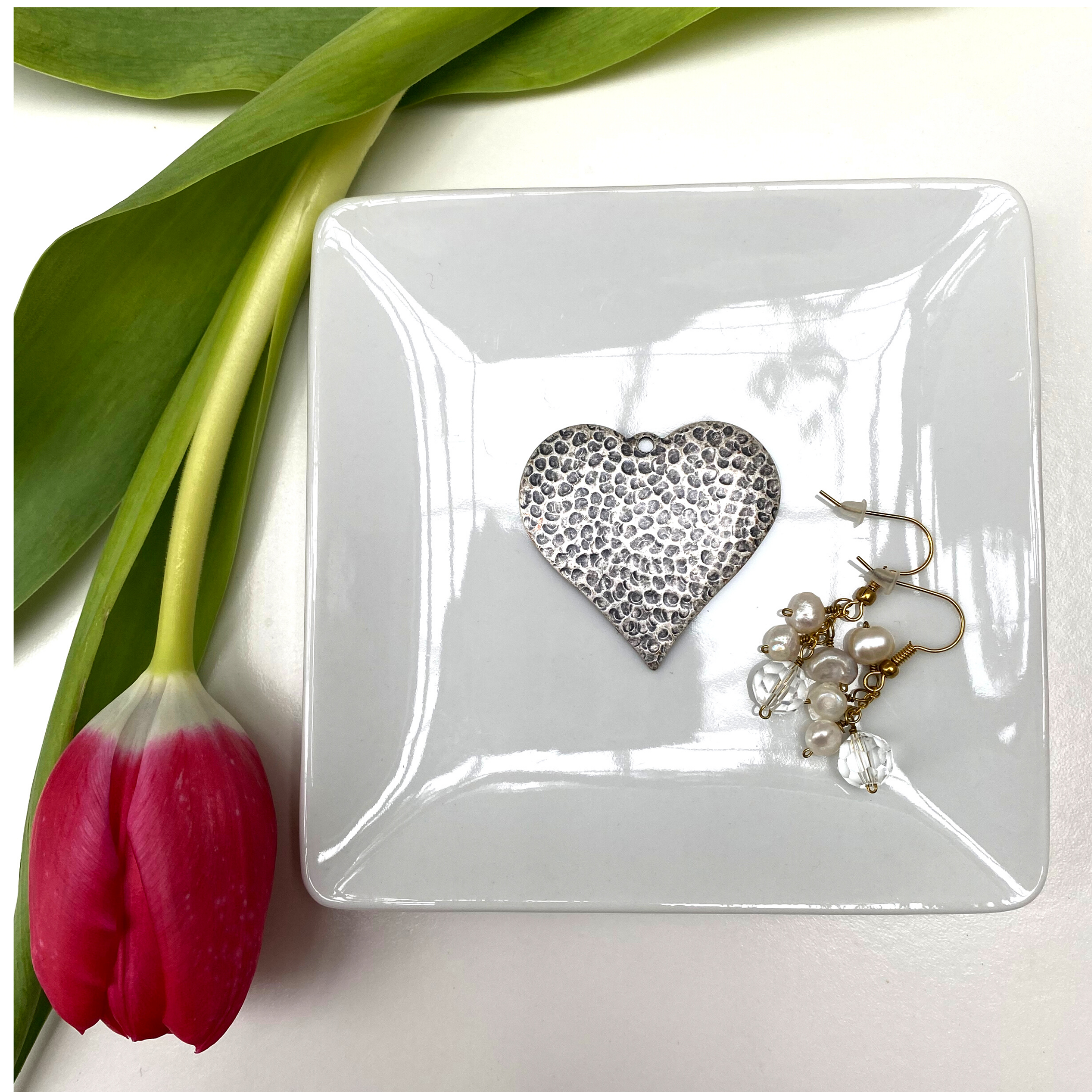Trinket Tray, White Porcelain Dish, Silver Hammered Heart