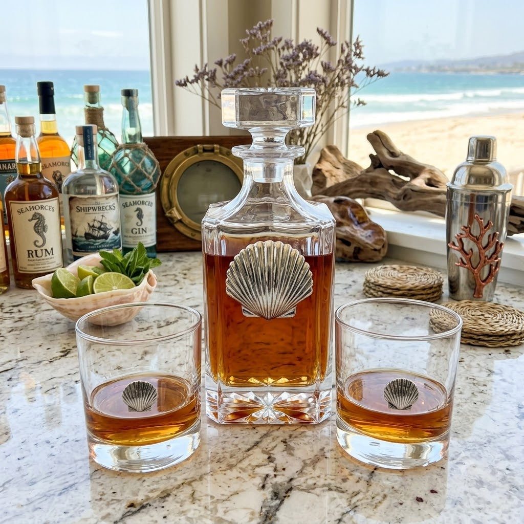 A clear glass decanter and two matching lowball glasses with shell-shaped cutouts, filled with amber liquor, arranged on a marble countertop with beach and ocean scenery in the background.