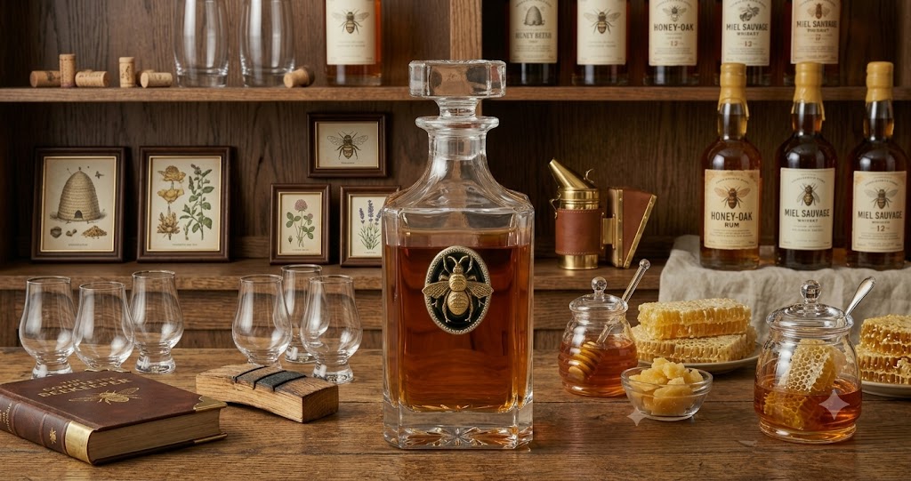 Gold Bee decanter featuring a large gold bee set in an oval setting of black enamel. This is a great gift for a bee lover or beekeeper.