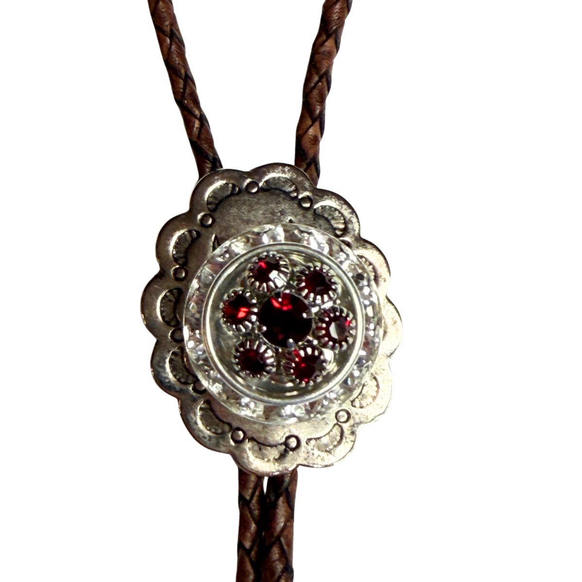 Bolo Tie Western Silver Theme medallion embellished with ruby red crystals. Great accessory to wear to a Western Wedding or event.
