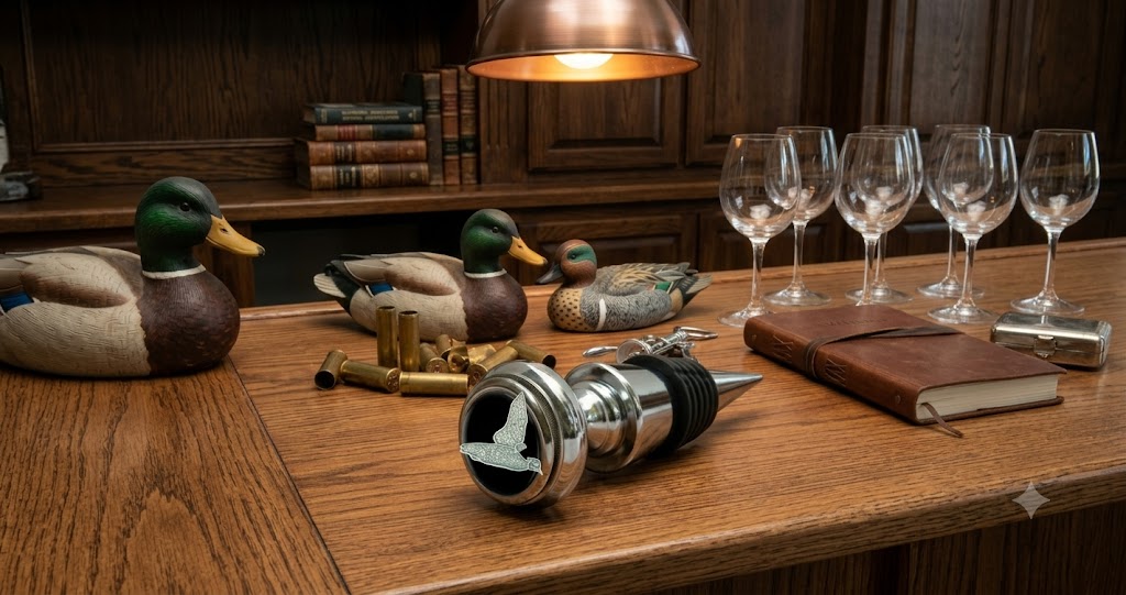Bottle Stopper with silver setting with black enamel and a silver duck. It is a great gift for a duck lover and duck hunter.