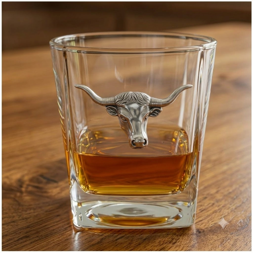 Bourbon Glass featuring a silver longhorn medallion. Great Gift for Longhorn Fan.