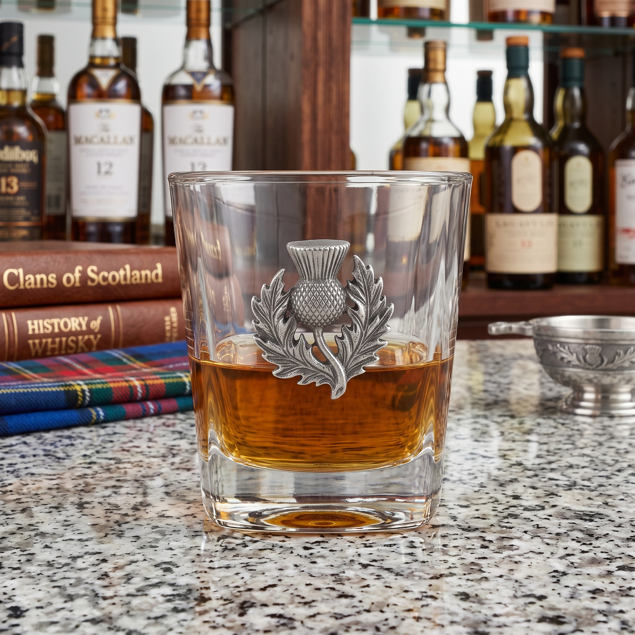 Bourbon glass with Silver Scottish Thistle Great gift for lover of Scotland