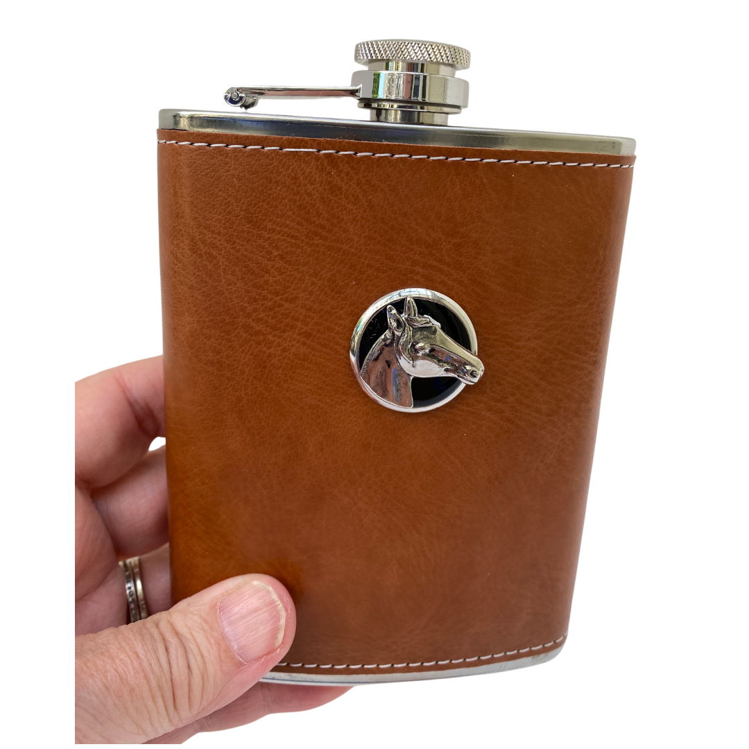 Brown leather flask with silver horse head | Gift for Equestrian
