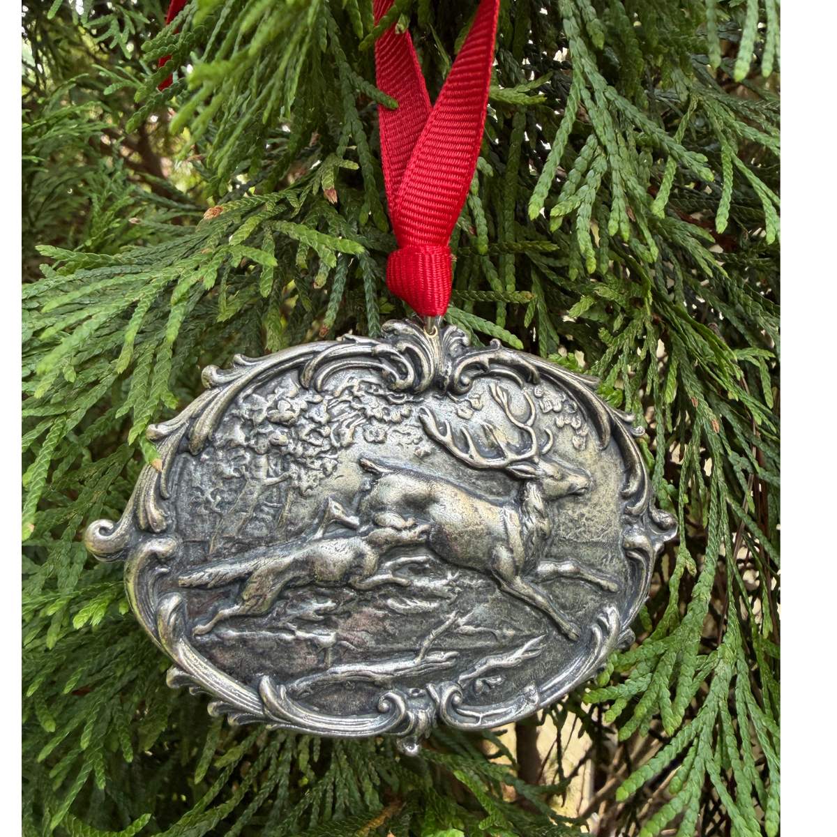 Christmas Ornament | Deer & Hound | Vintage Silver Medallion