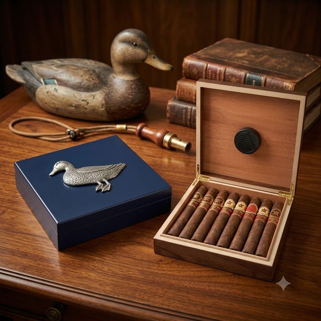 Cigar humidor for duck hunter and duck lover. Available in colors blue or walnut. Each features a large silver duck on the top of the box.