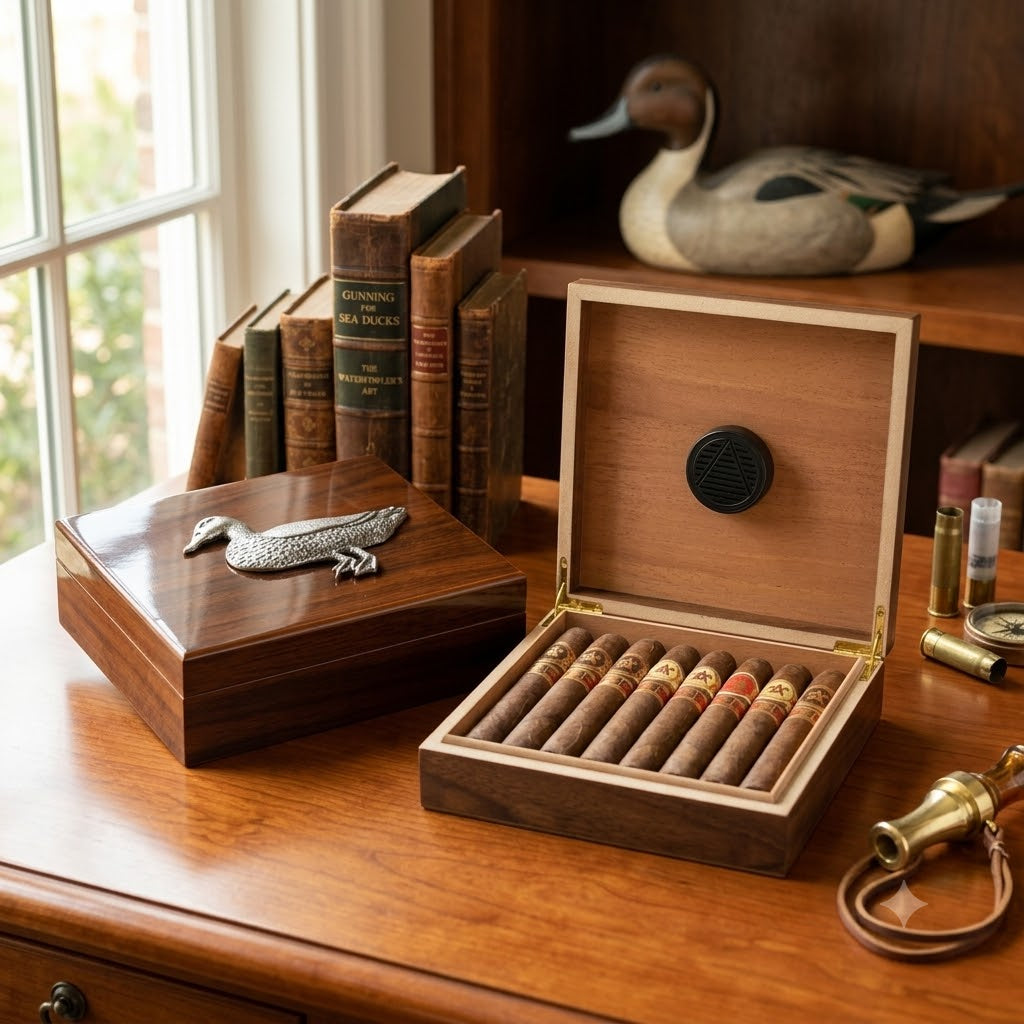 Cigar humidor for duck hunter and duck lover. Available in colors blue or walnut. Each features a large silver duck on the top of the box.