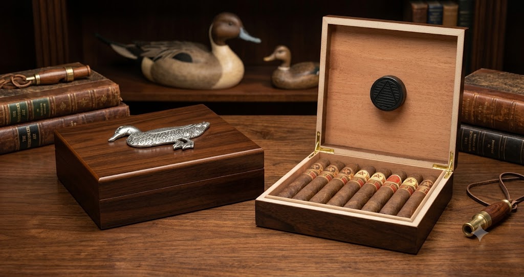 Cigar humidor for duck hunter and duck lover. Available in colors blue or walnut. Each features a large silver duck on the top of the box.