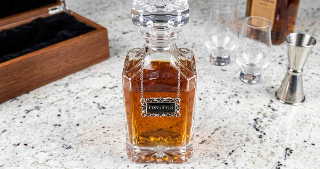 A clear glass decanter filled with amber liquor, featuring a decorative label that reads 'CONGRATS' and a silver chain, set on a speckled stone countertop with glasses, a jigger, and a wooden box in the background.
