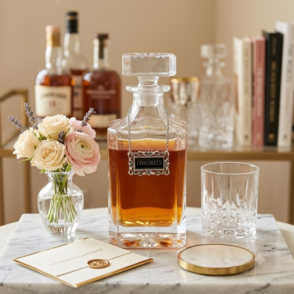 A clear glass decanter filled with amber liquor sits on a marble surface, with a matching cut-glass tumbler, a small vase of pink and cream flowers, and a card with a gold seal nearby. Books and bottles are blurred in the background.