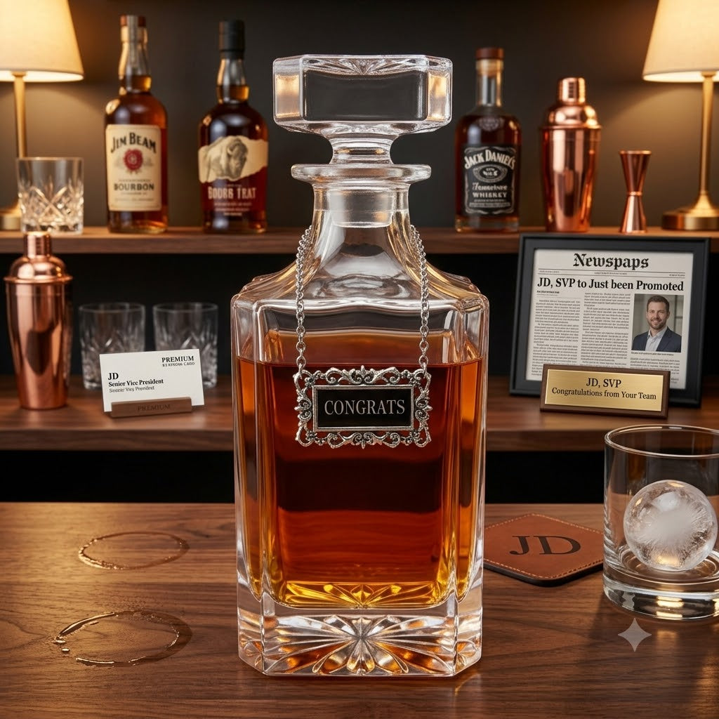A clear glass decanter with amber liquid, featuring a decorative silver-toned chain and a hanging 'CONGRATS' label, displayed on a wooden bar counter with bar-themed props in the background.