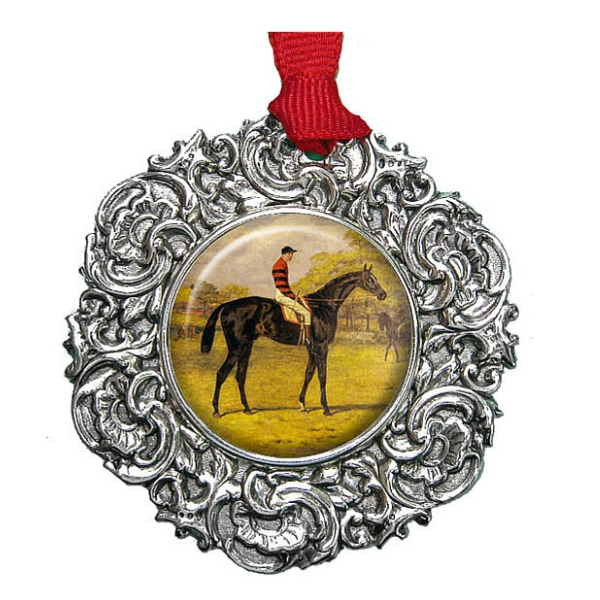 The Custom Christmas Ornament in the Classic Legacy collection is designed with a vintage inspired silver medallion. In the center is the art of logo. This is a personalized gift for corporations, hotels, and museums. Shown is the Vintage Horse Ornament.