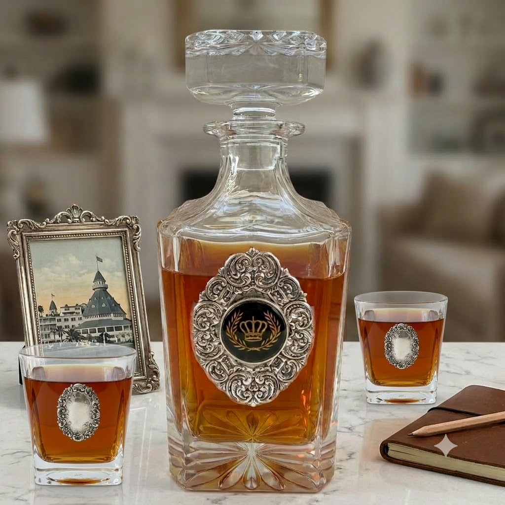 Custom Decanter Set Large Oval Silver Medallion & Custom logo