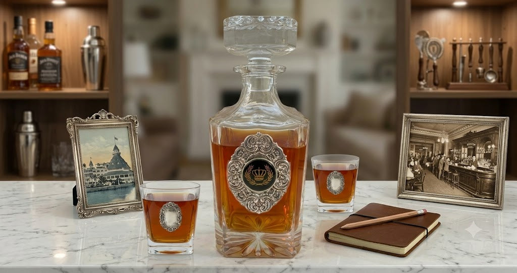 Custom Decanter Set Silver Medallions & Logo