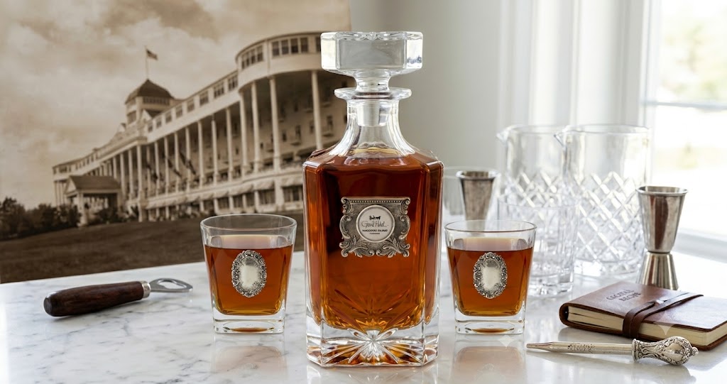 Custom Decanter Set with Silver Vintage Medallion and YOUR custom logo. The set includes a large decanter and two bourbon glasses with silver medallions.
