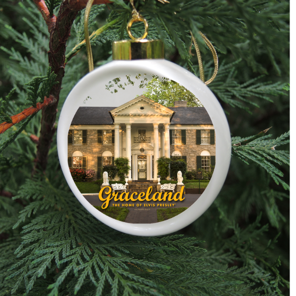 Custom porcelain Christmas ornament featuring Graceland museum artwork and logo.