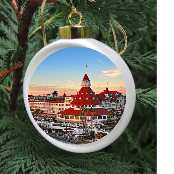 Custom porcelain Christmas ornament featuring an image of the historic Hotel del Coronado in California