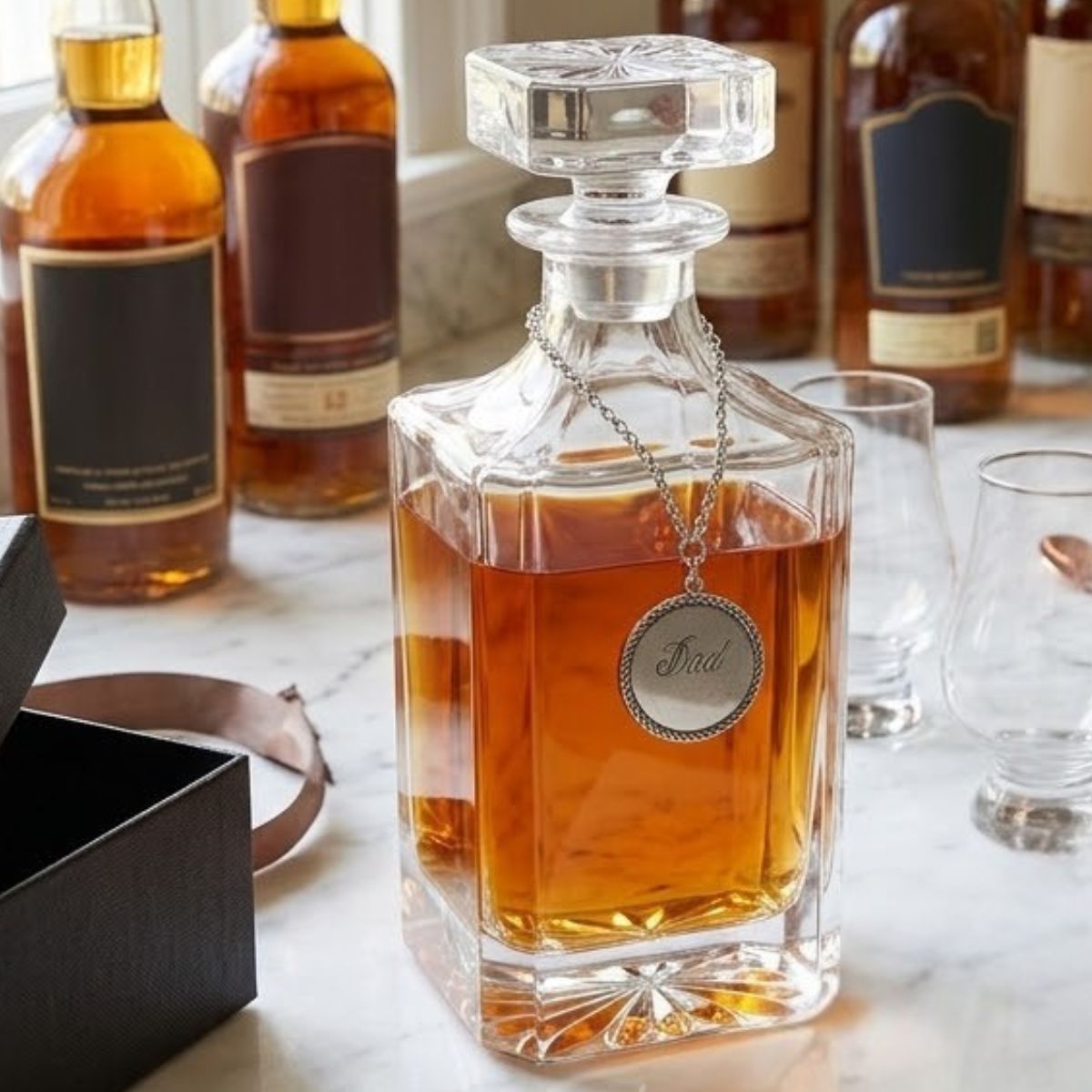 Dad Decanter Gift for Dad on Birthday, Father's Day, or Christmas Shown on White Marble counter