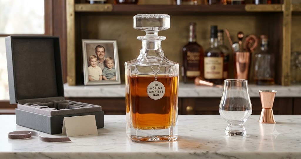 Decanter with medallion that says World's Greatest Day on white marble counter Gift for Dad