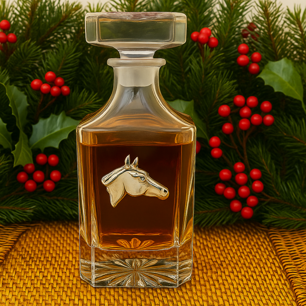 Glass decanter with horse emblem on a woven surface with holly berries