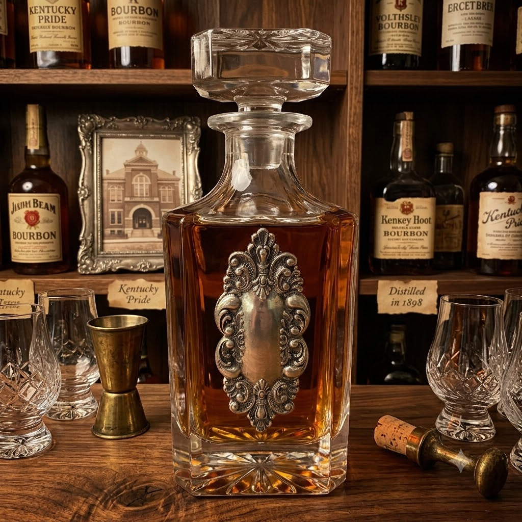 Decanter with Fancy Vintage Silver Medallion Gift for Lover of Bourbon and Antiques Shown on wood counter