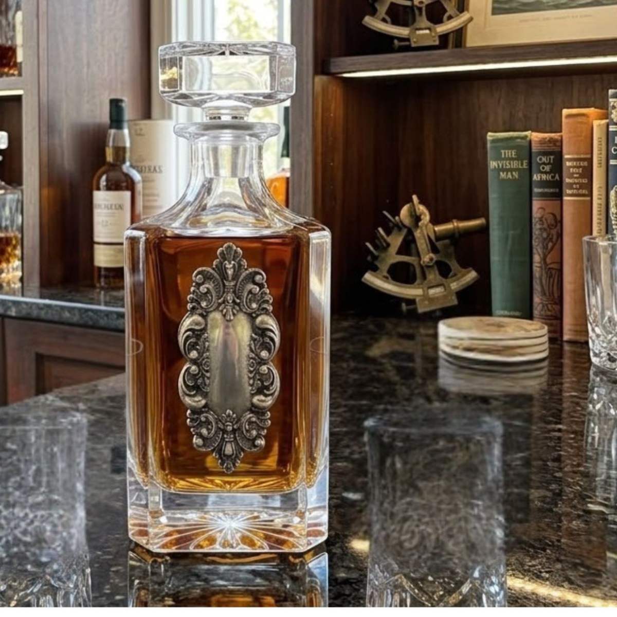 Decanter with Vintage Fancy Silver Medallion