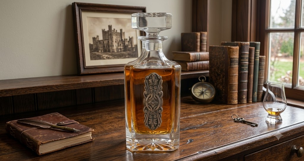 Decanter with elegant vintage silver medallion. Great gift for bourbon lover and antique lover.