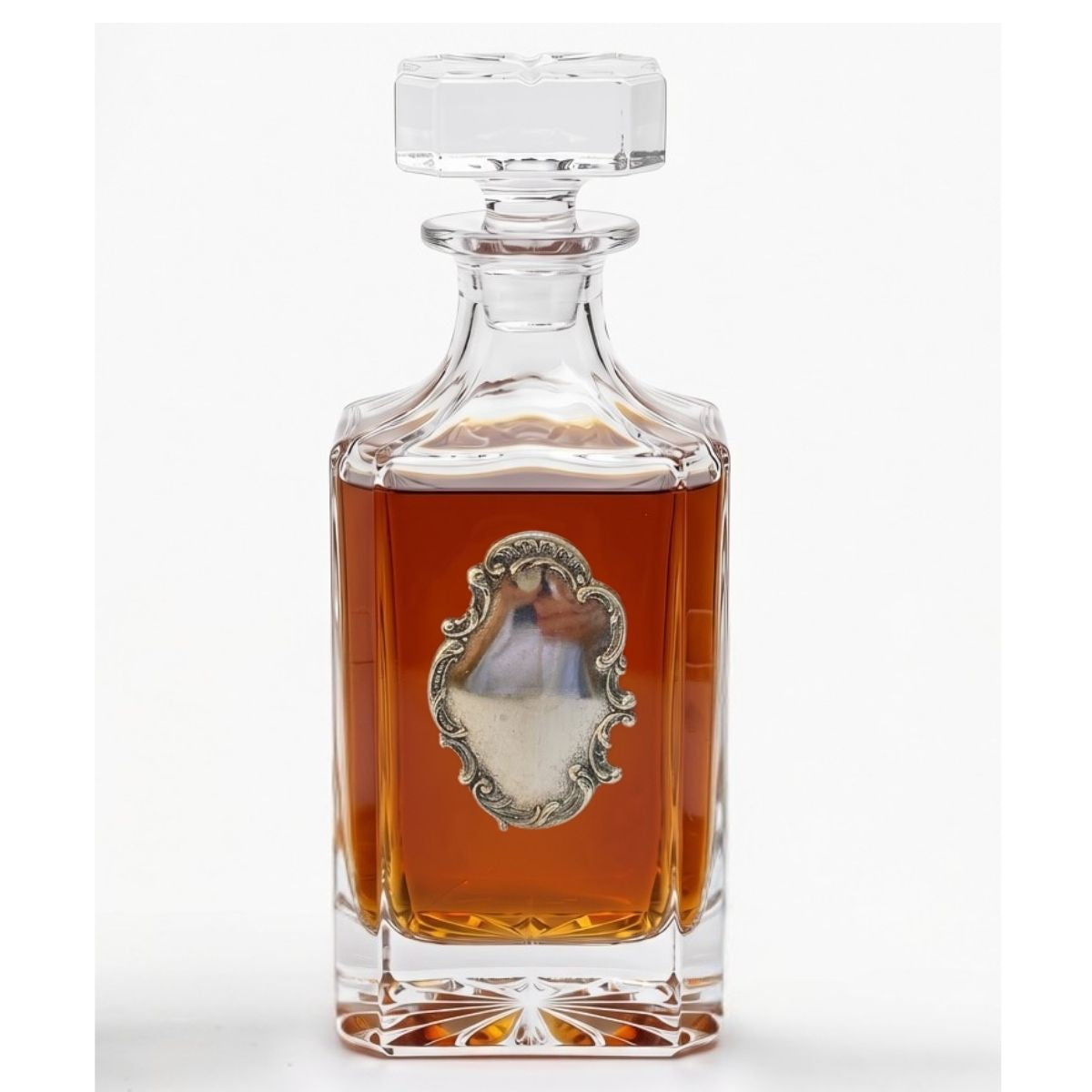 Crystal decanter with large silver medallion. Great gift for 15th anniversary which is the crystal anniversary.
