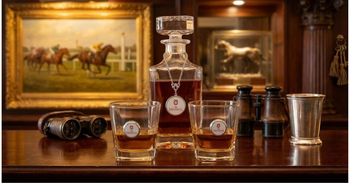 Decanter Set with Chain Marker and Custom Logo and 2 bourbon glasses