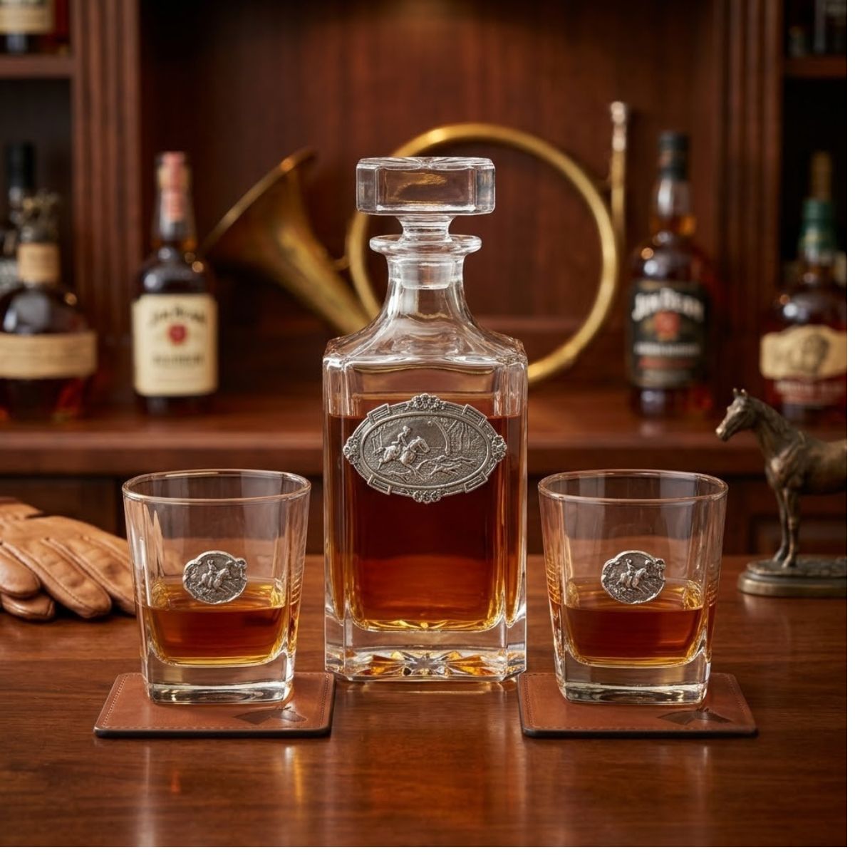 Horse and hound decanter set | Gift for horse lover Includes large decanter and two bourbon glasses.