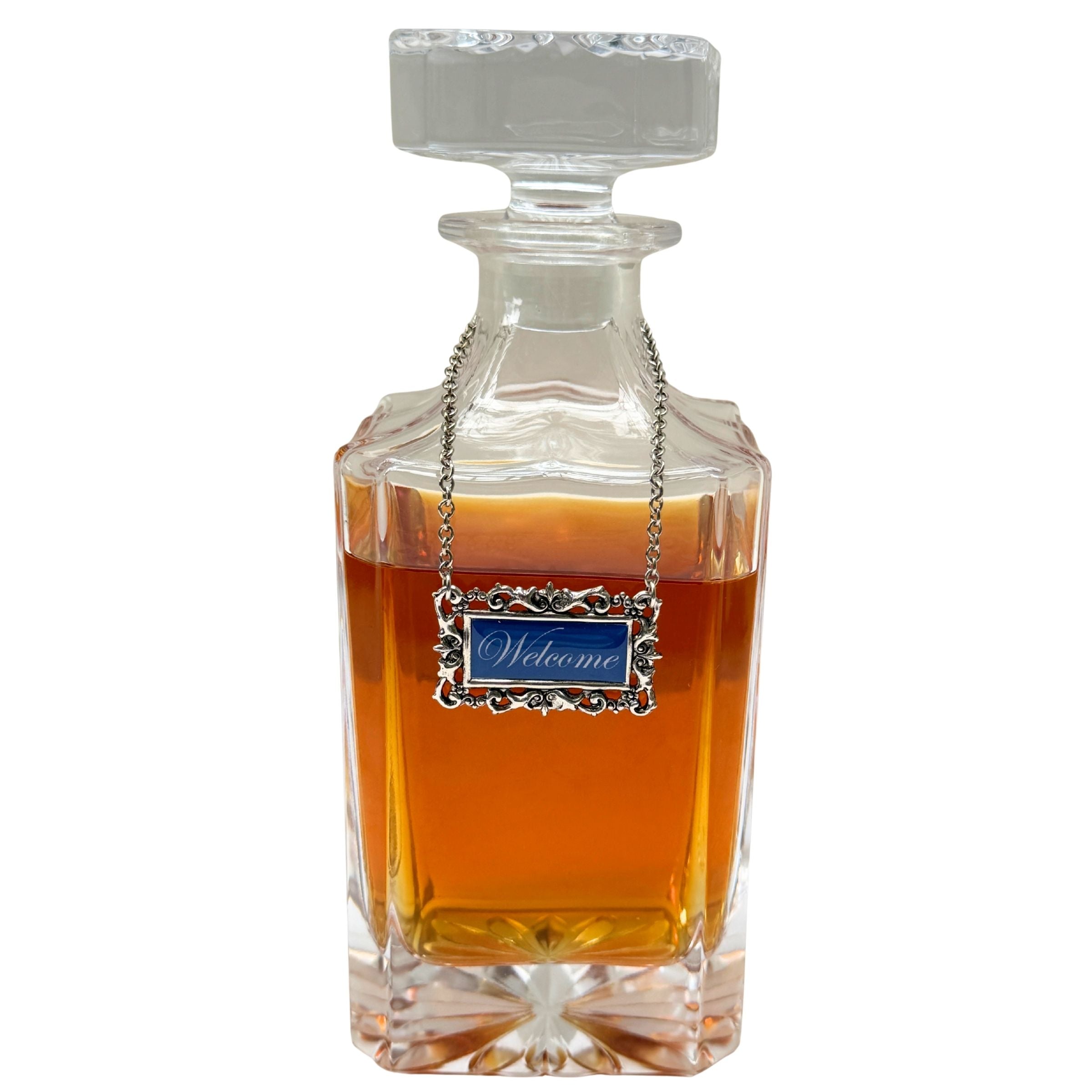 Decanter with Blue "Welcome" Tag Marker