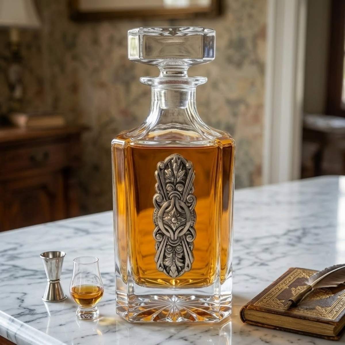 A clear glass decanter filled with amber liquor, featuring an ornate silver-toned metal emblem on the front, set on a marble countertop with a small glass, jigger, and vintage book in a warm indoor setting.