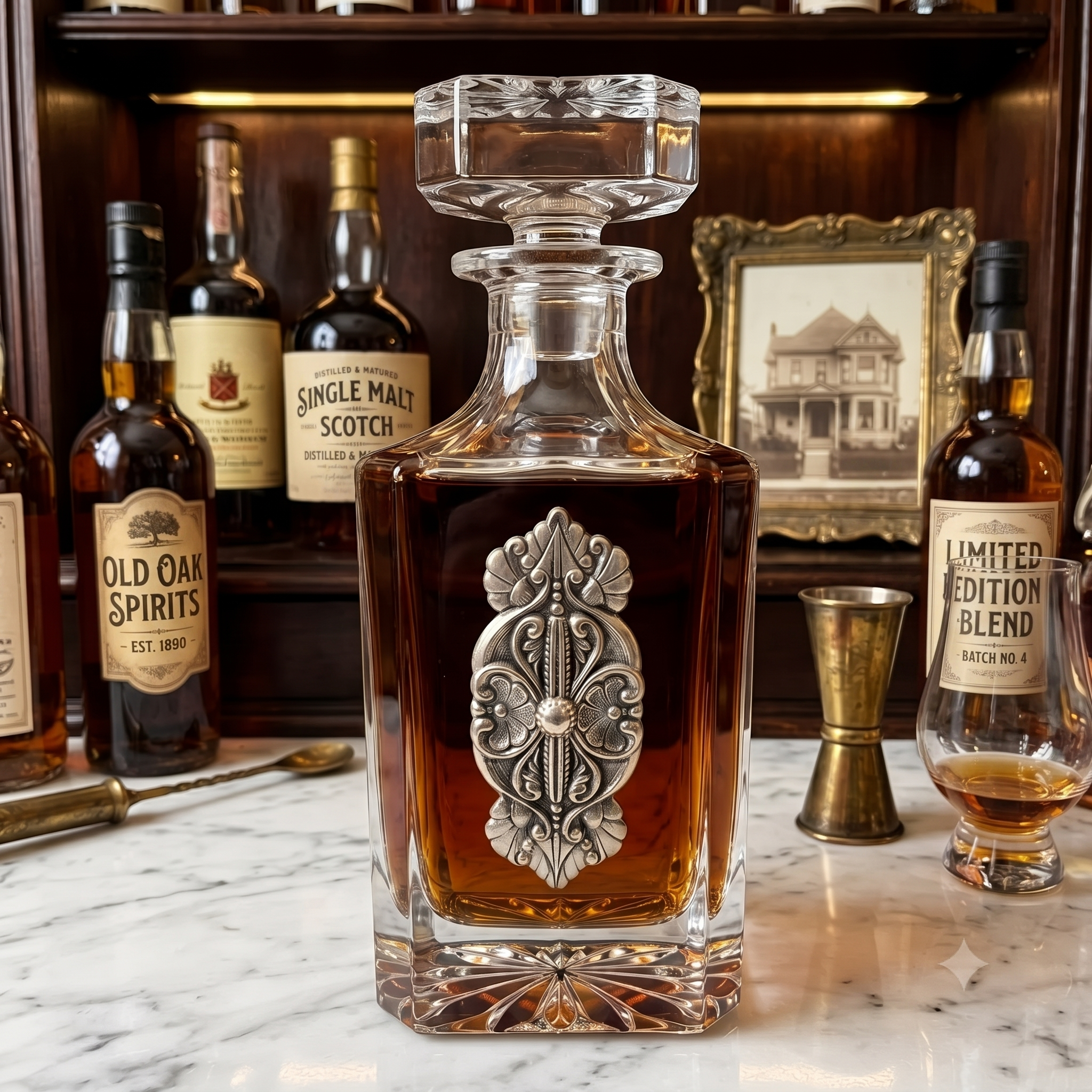 Discover our decanter with a large vintage-inspired silver medallion. This is a great gift for an antique lover or collector of vintage finds.