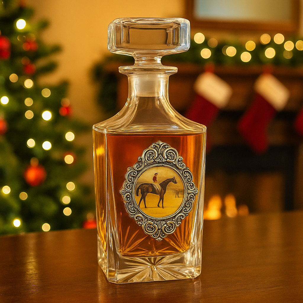 Decanter with Silver Medallion and Vintage Horse Great Christmas Present for a Horse lover and Racehorse enthusiast.