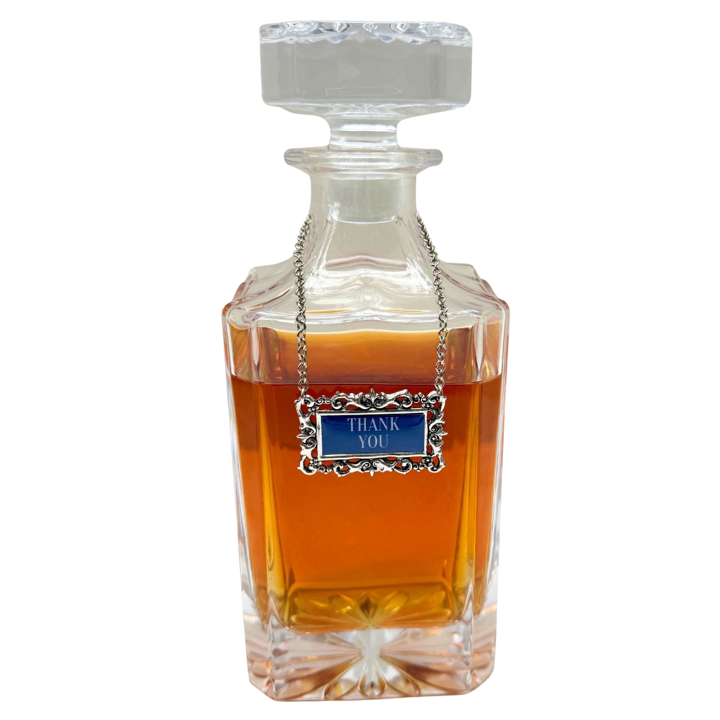 Decanter with silver & Blue "Thank-you" label marker