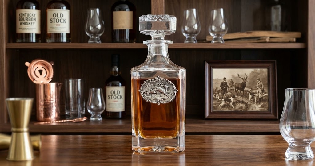 Decanter with Large Silver Deer and Hound medallion. This is a great gift for the deer hunter and bourbon lover.