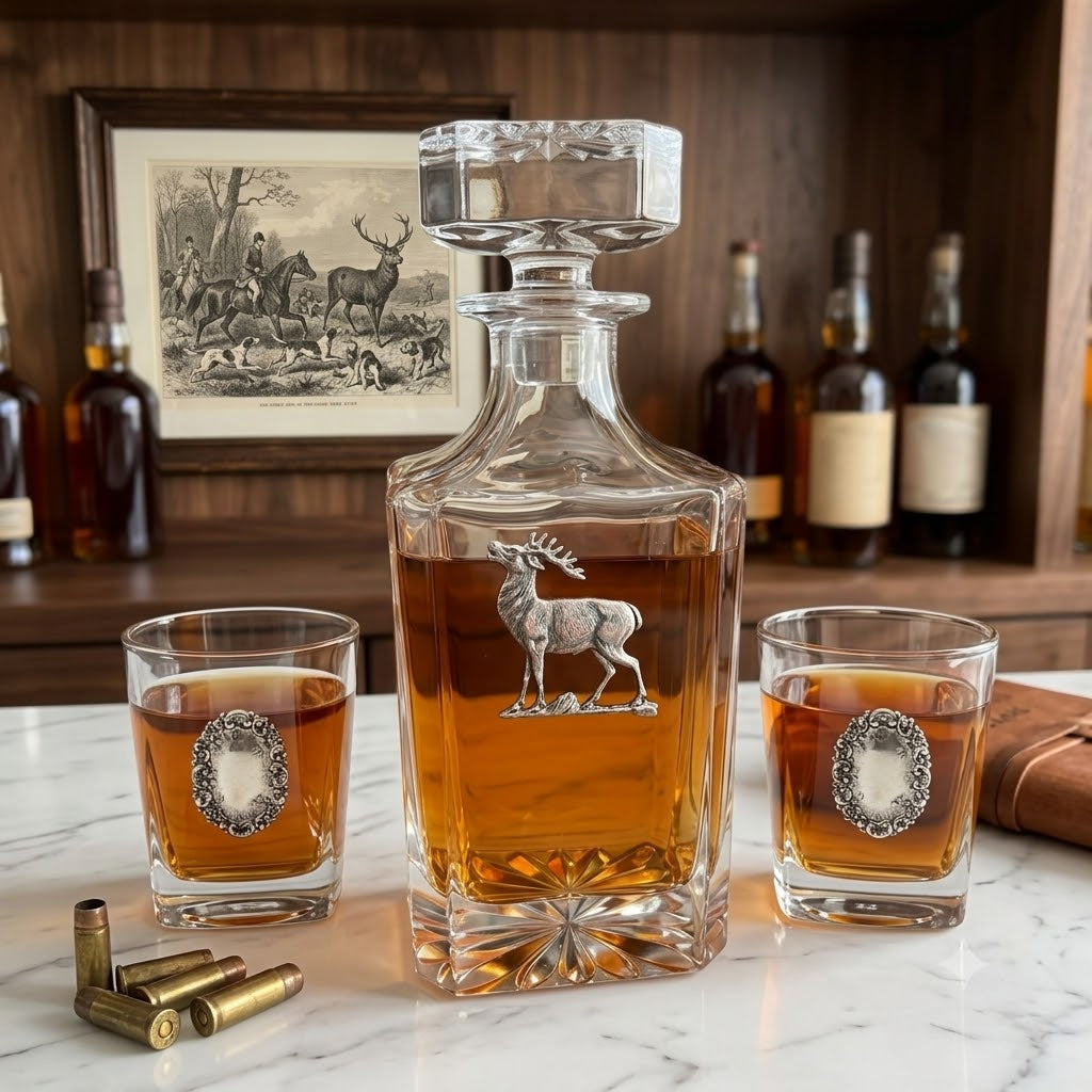 The Classic Legacy deer stag decanter set is embellished with a large stag deer on the decanter and silver medallions on the two bourbon glasses. It is handcrafted and a great gift for the deer hunter.
