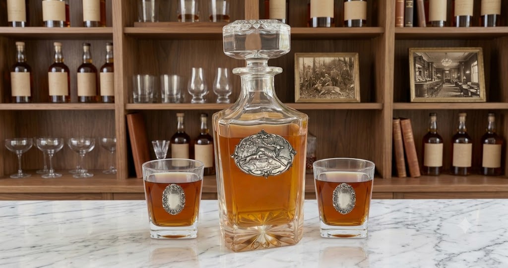 THe deer and hound decanter set features a large silver medallion on the decanter and the two glasses also have silver medallions. Each is handcrafted and a great gift for the deer hunter.