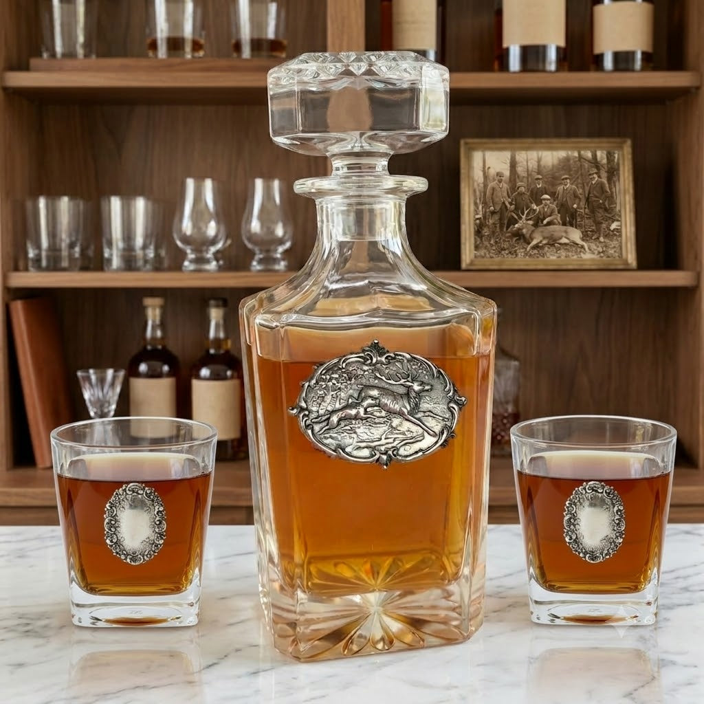 THe deer and hound decanter set features a large silver medallion on the decanter and the two glasses also have silver medallions. Each is handcrafted and a great gift for the deer hunter.