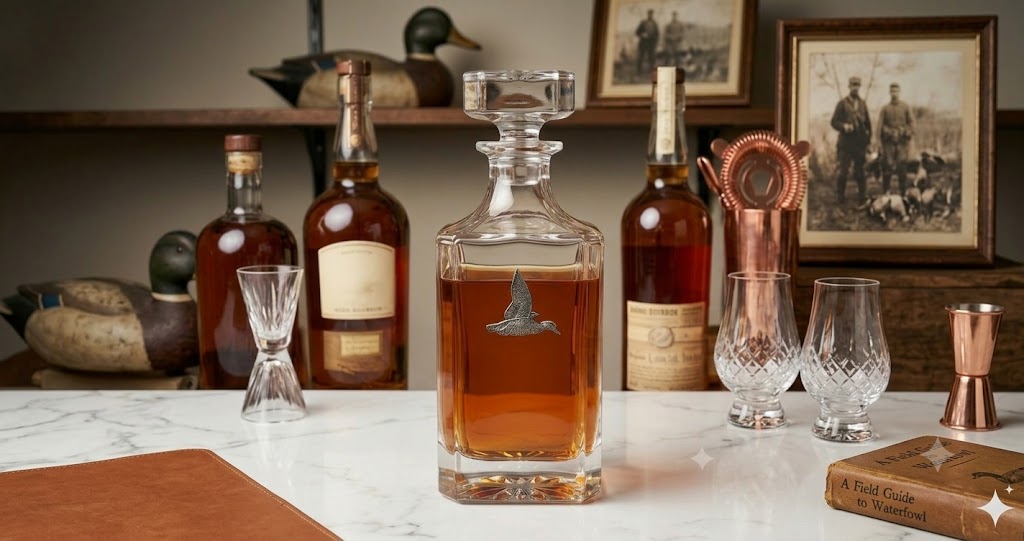 This duck decanter features a large silver duck medallion on the crystal clear decanter. It is a great gift for a duck hunter or duck lover and bourbon fan.